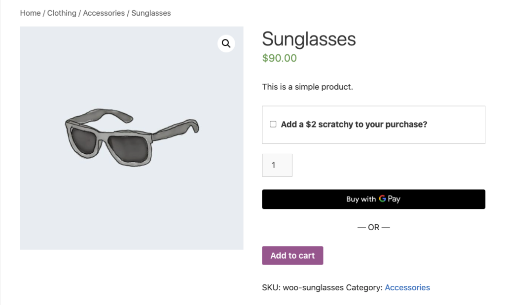 WooCommerce product with product addon checkbox showing on the front end