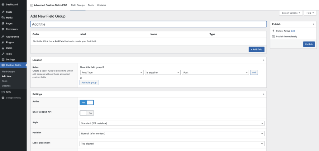 ACF Screen for adding a new custom field group