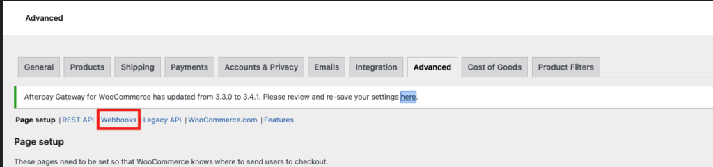 How to find the WooCommerce webhooks setup page in the WordPress back end (under Dashboard > WooCommerce > Settings > Advanced Tab)