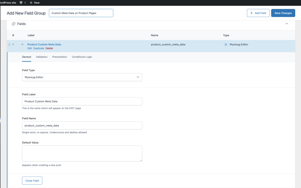 Create new Advanced Custom Field and set the basic details